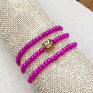 HANDMADE Hot Pink Seed Bead Magenta Beaded Buddha Bracelet set